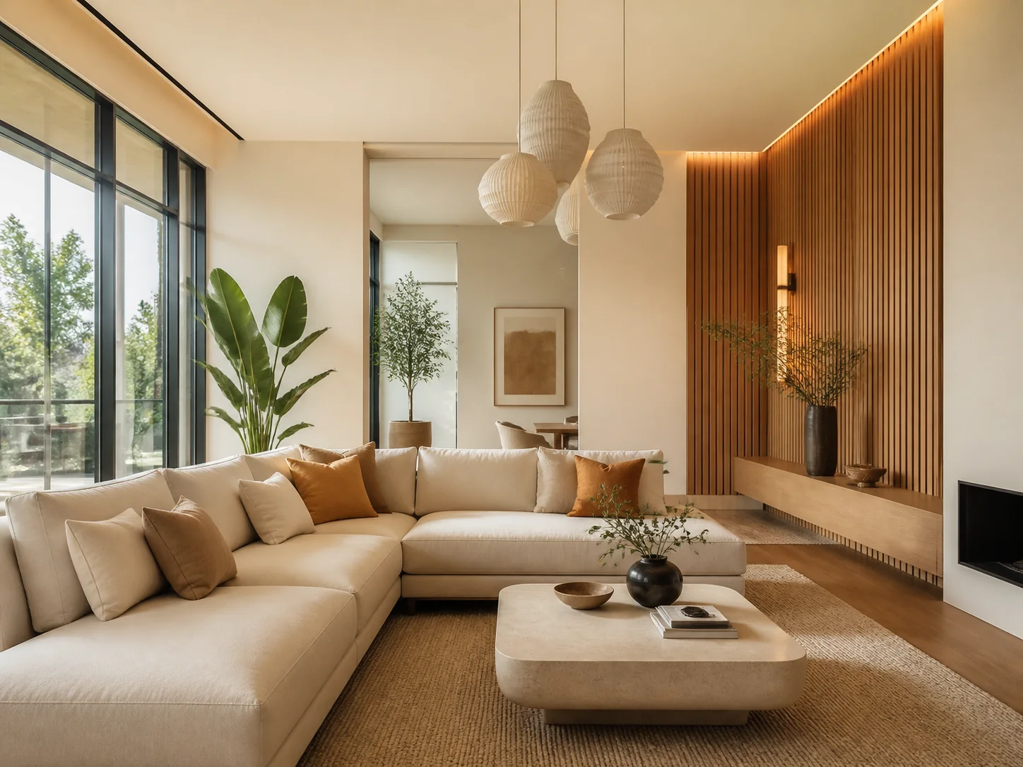 Finished contemporary living room with warm neutral walls