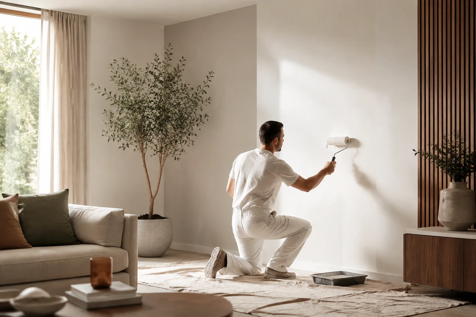 Painter carefully rolling a warm white interior wall