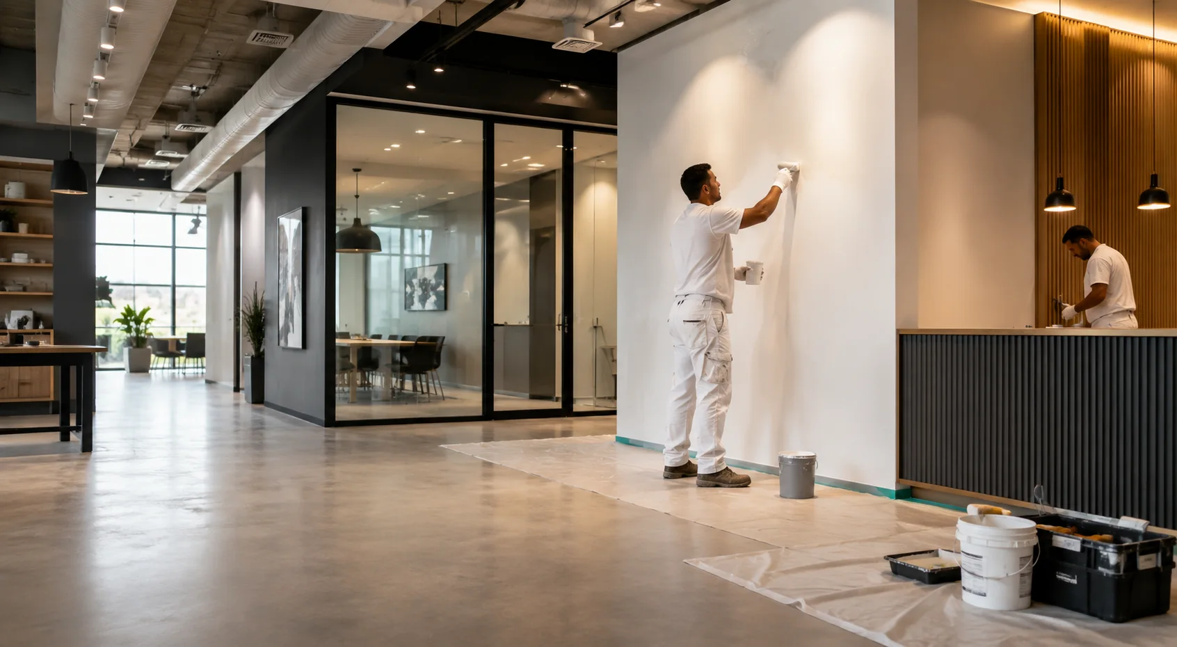 Painters completing a professional finish in a modern commercial workspace
