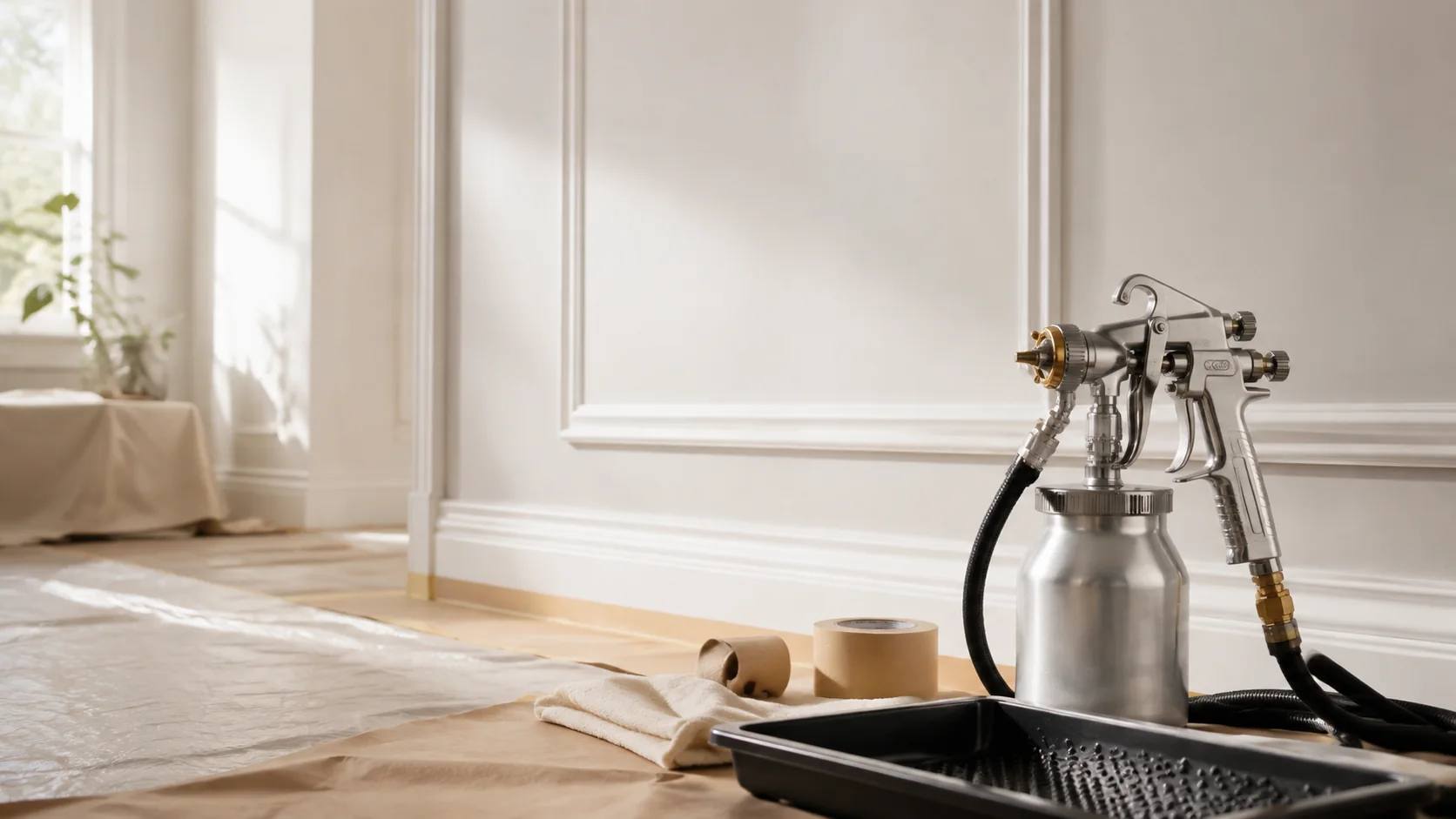 Professional spray gun and preparation tools ready for a smooth painting finish