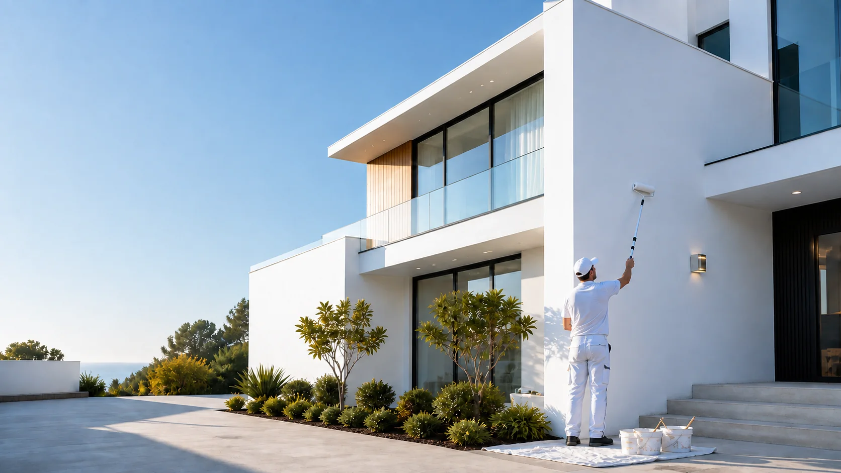 Residential painter applying a smooth exterior finish to a modern home