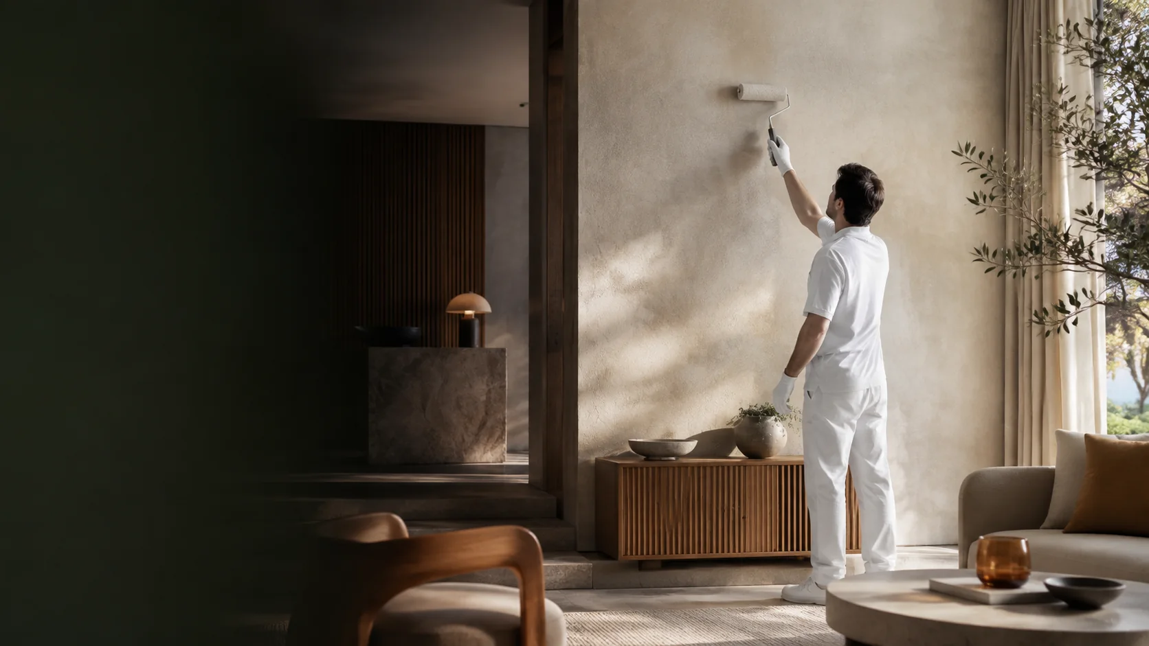 Painter applying a premium finish to a textured feature wall in a refined living room