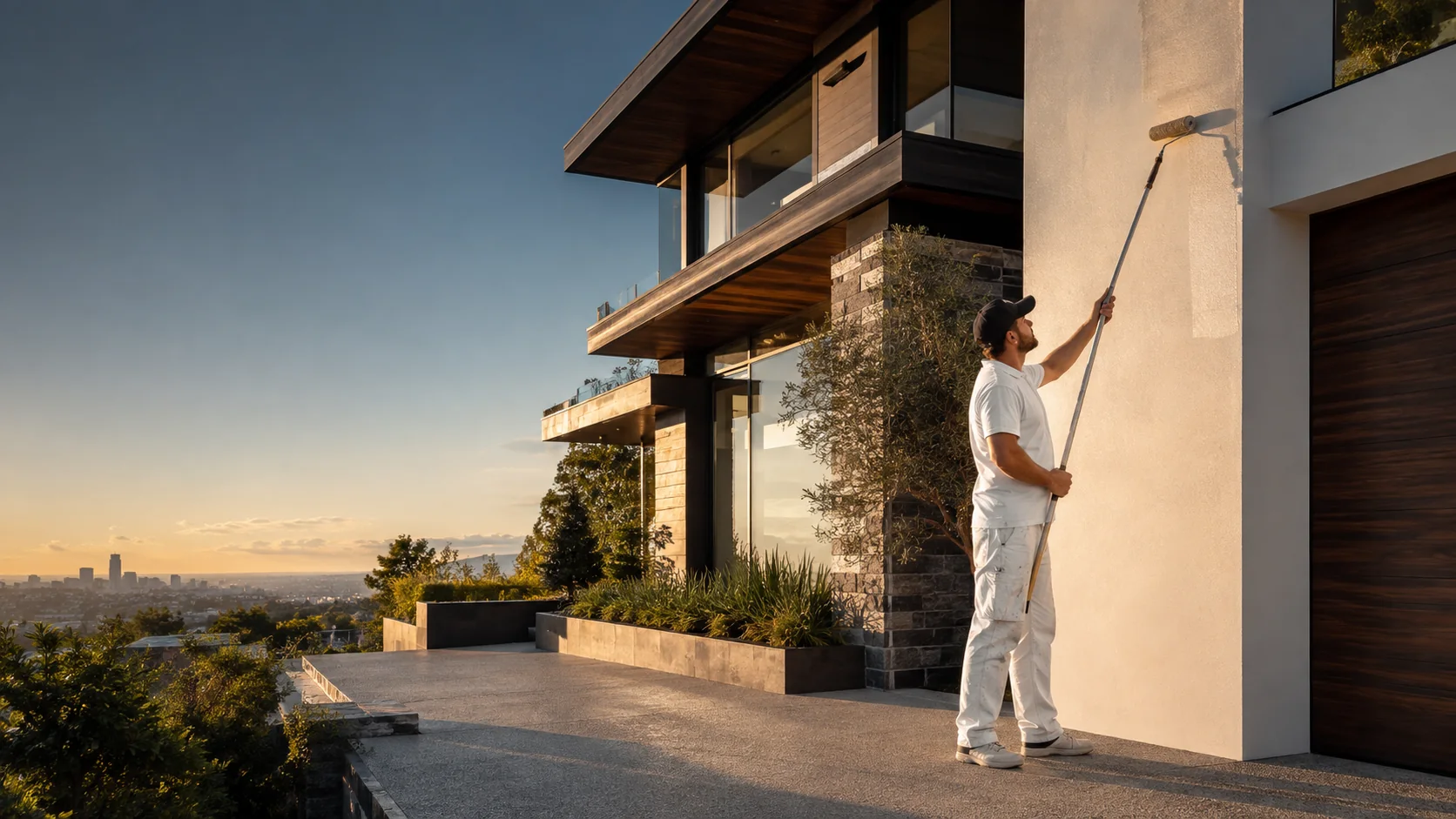 Professional painter applying a smooth exterior finish to a modern luxury home