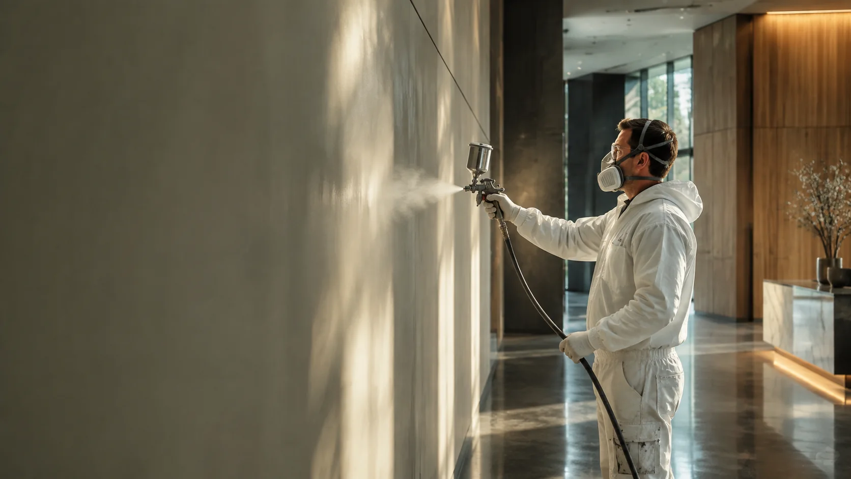 Painter using a spray gun to create an even finish in a contemporary commercial interior
