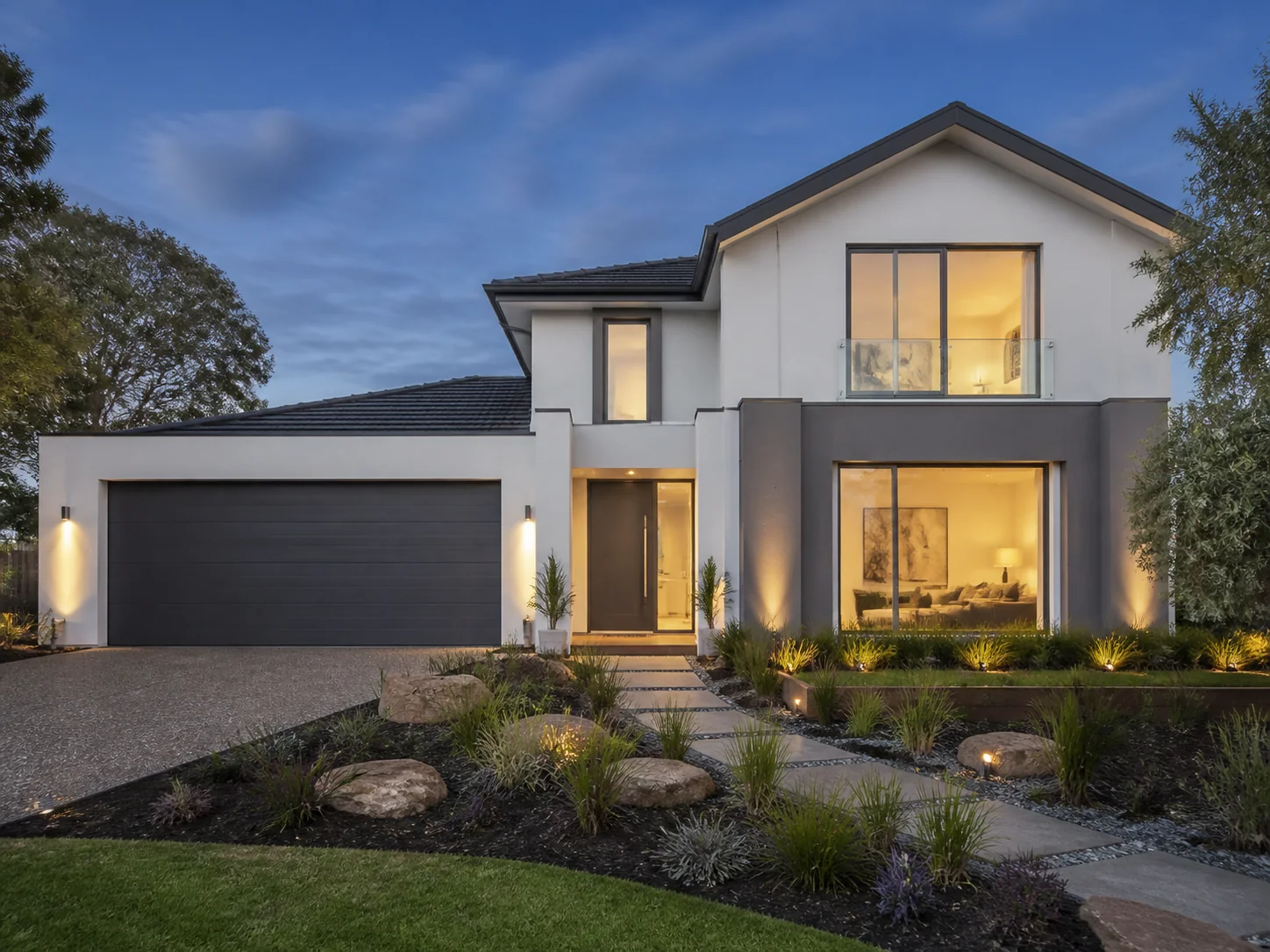 Modern family home with charcoal roof and crisp painted facade