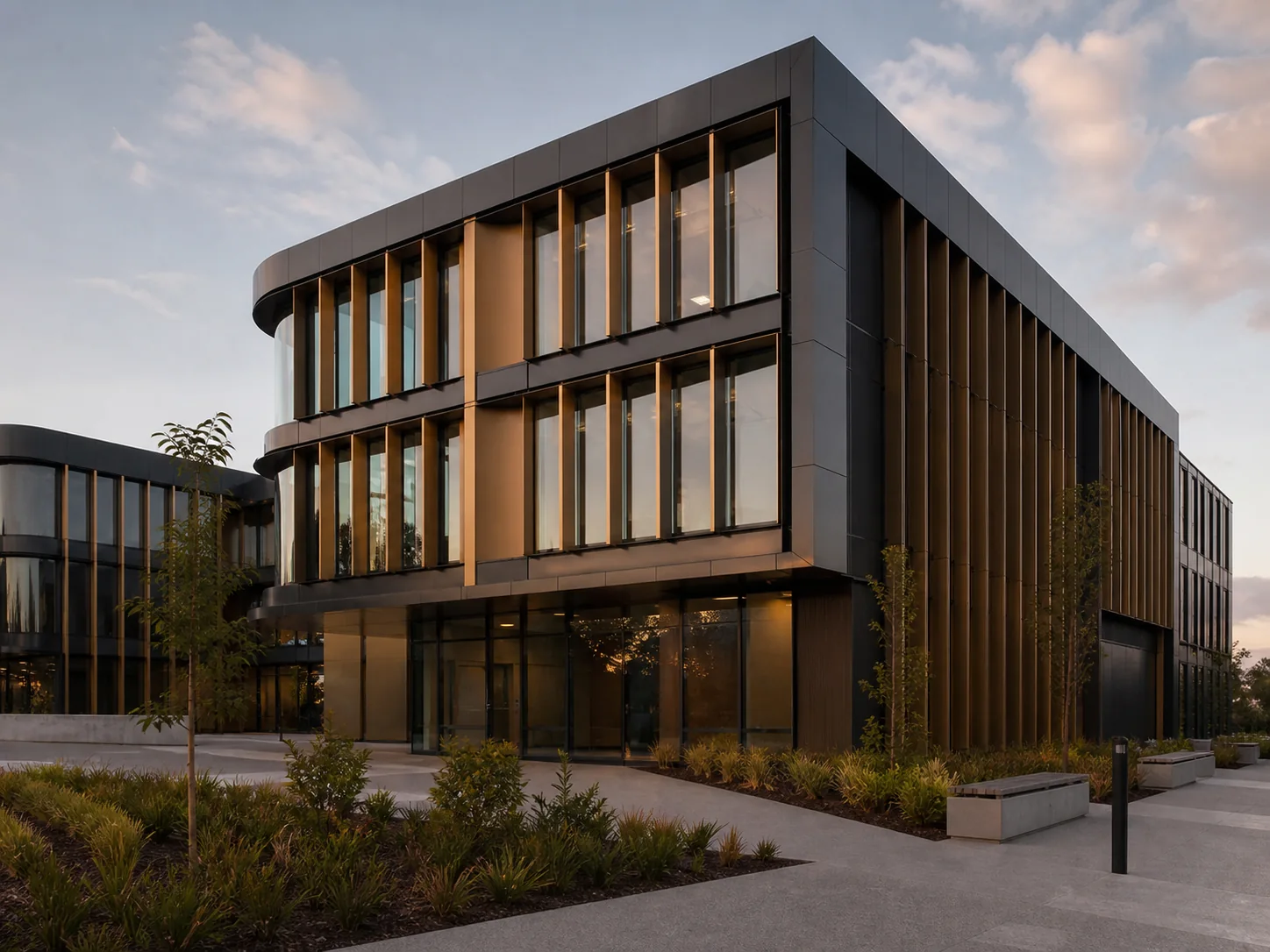 Contemporary office building with dark painted exterior