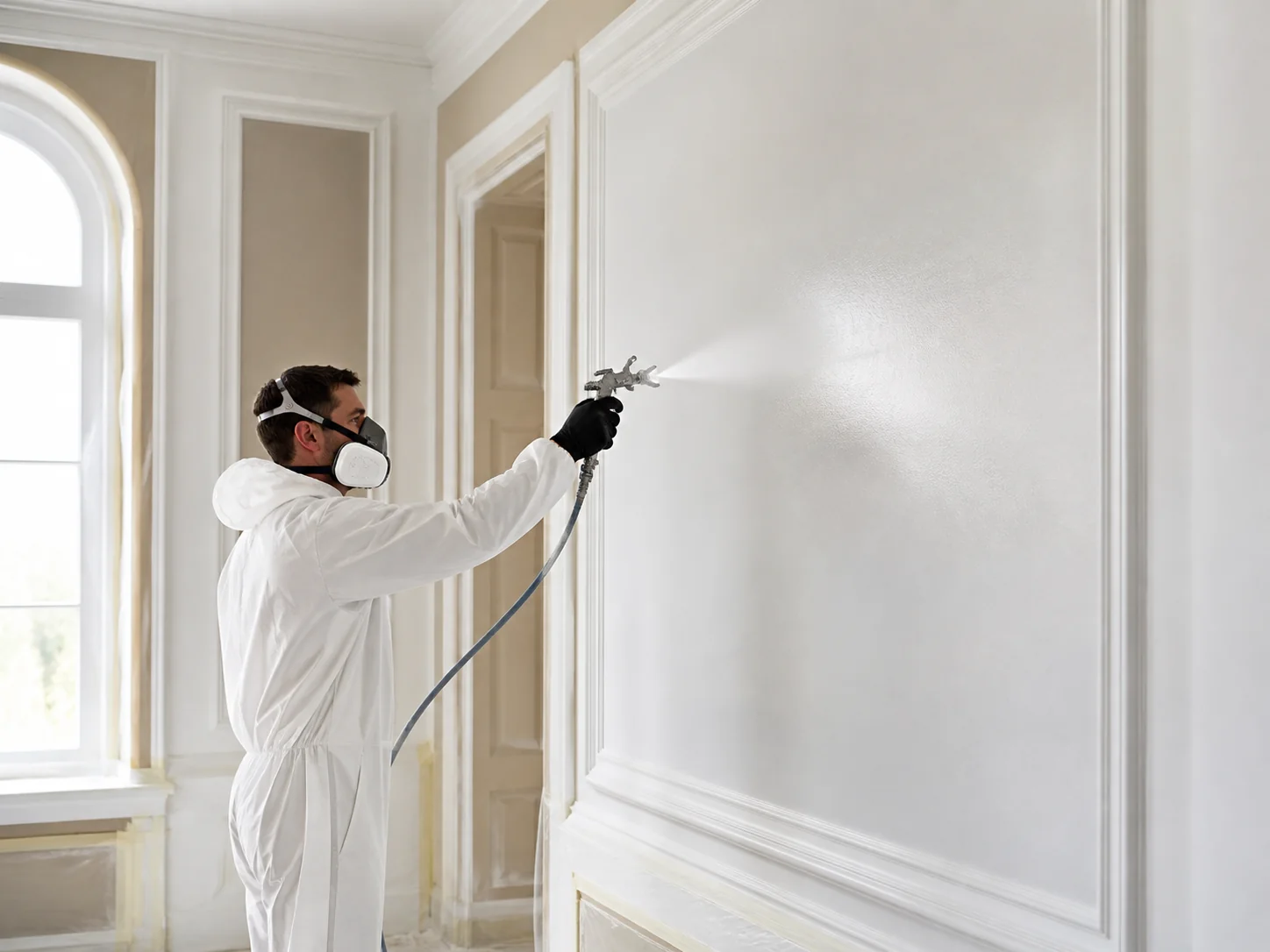 Painter applying a smooth spray finish to an interior wall